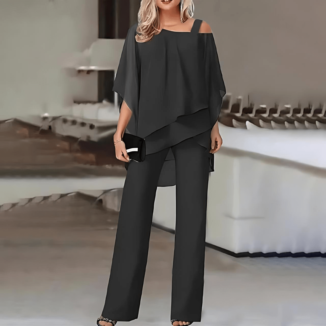 Damen Abend Zweiteiler mit asymmetrischem Chiffon-Top und eleganter Hose