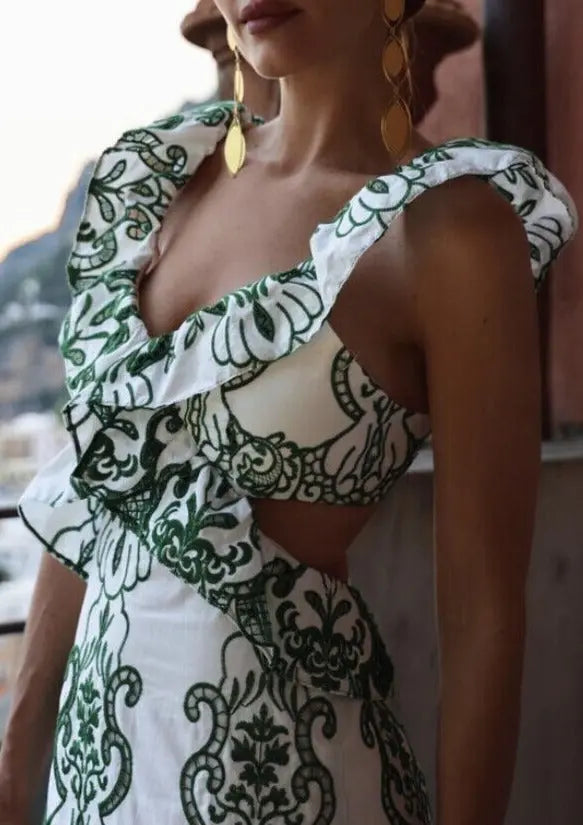 Diva | Gemustertes Maxi Kleid Sommer mit Volants & Rückenausschnitt