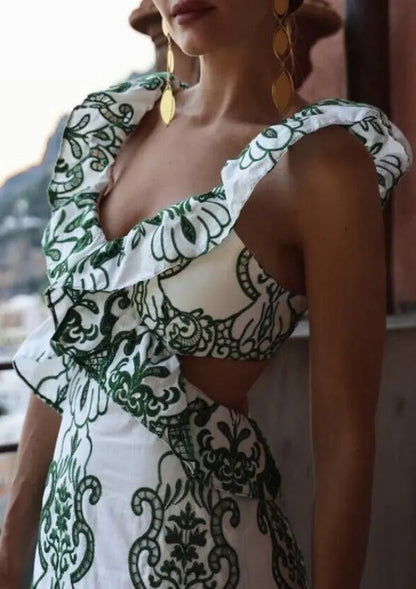 Diva | Gemustertes Maxi Kleid Sommer mit Volants & Rückenausschnitt