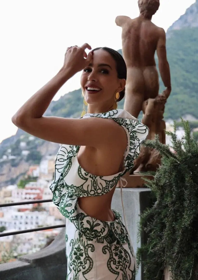 Diva | Gemustertes Maxi Kleid Sommer mit Volants & Rückenausschnitt