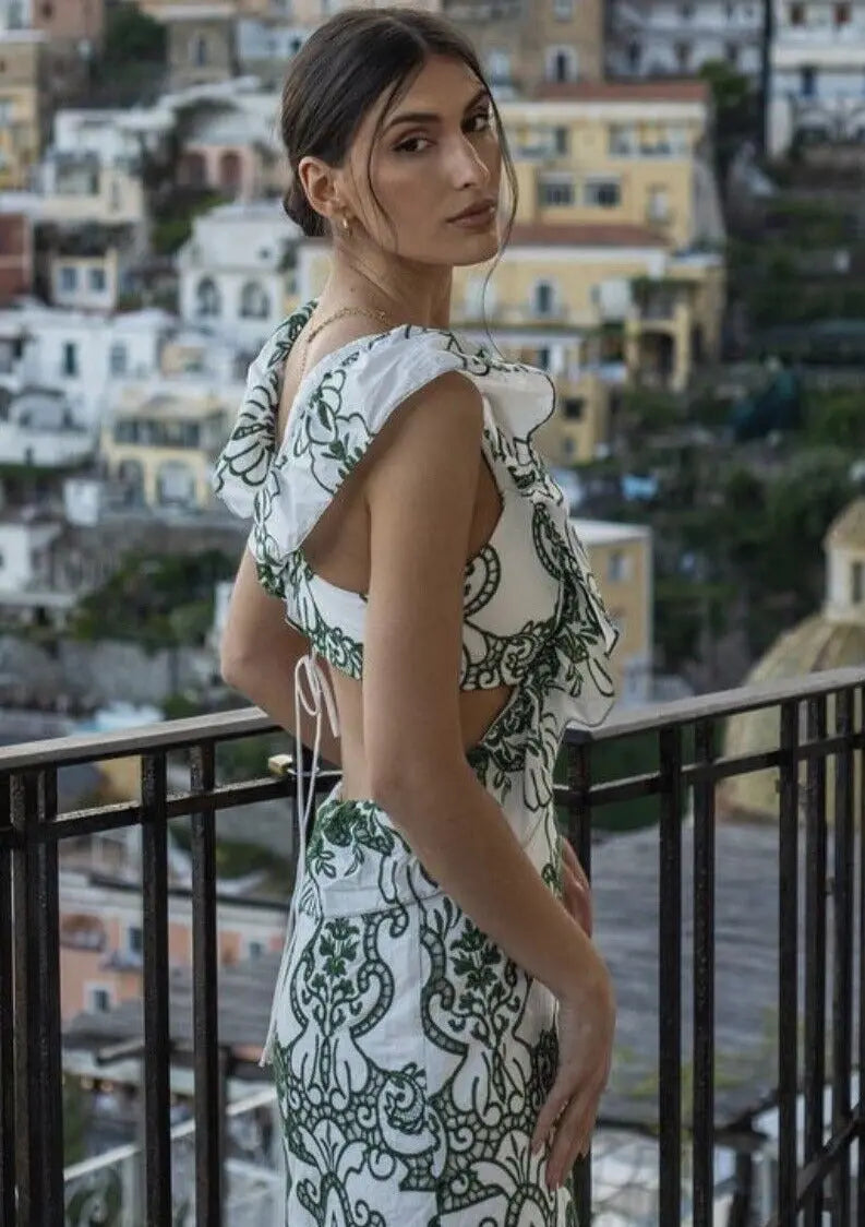 Diva | Gemustertes Maxi Kleid Sommer mit Volants & Rückenausschnitt