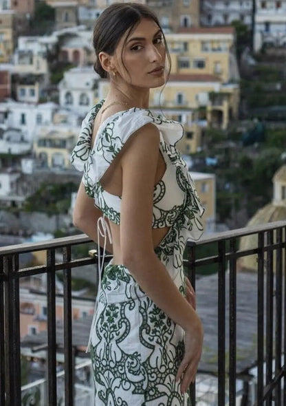 Diva | Gemustertes Maxi Kleid Sommer mit Volants & Rückenausschnitt