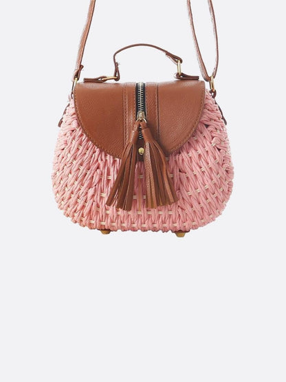 Lina | Kleine Schultertasche aus Strohseil mit verstellbarem Riemen & Quasten-Detail – Crossbody Sommertasche