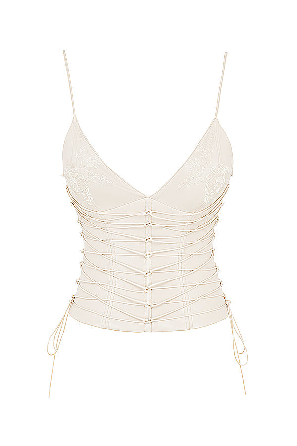 Karla | Weißes veganes Lederkorsett mit drapiertem Midirock für Frauen