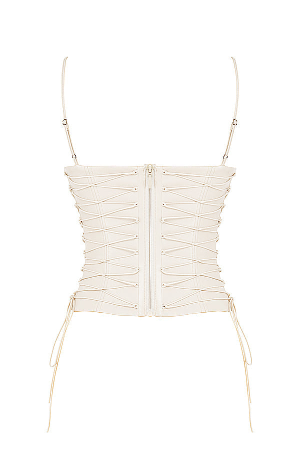 Karla | Weißes veganes Lederkorsett mit drapiertem Midirock für Frauen