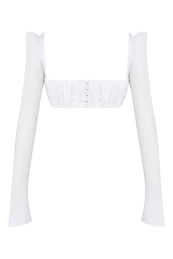 Dagny | Weißes Oberteil mit Puffärmeln und Minirock mit Schleife