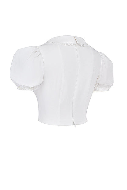 Gertrud | Elegantes Weißes Korsett-Top mit Puffärmeln und Wellensaum-Kragen