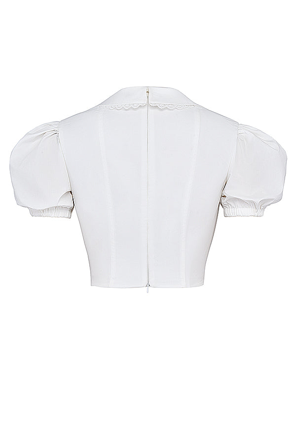 Gertrud | Elegantes Weißes Korsett-Top mit Puffärmeln und Wellensaum-Kragen