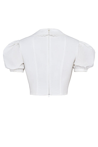 Gertrud | Elegantes Weißes Korsett-Top mit Puffärmeln und Wellensaum-Kragen