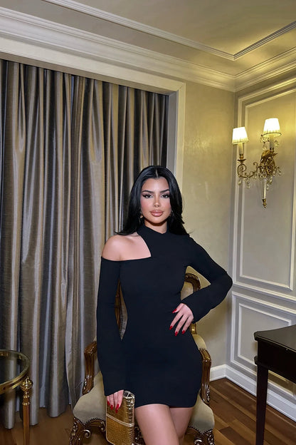 Lena | Schwarzes One-Shoulder Bodycon Minikleid mit asymmetrischem Ausschnitt